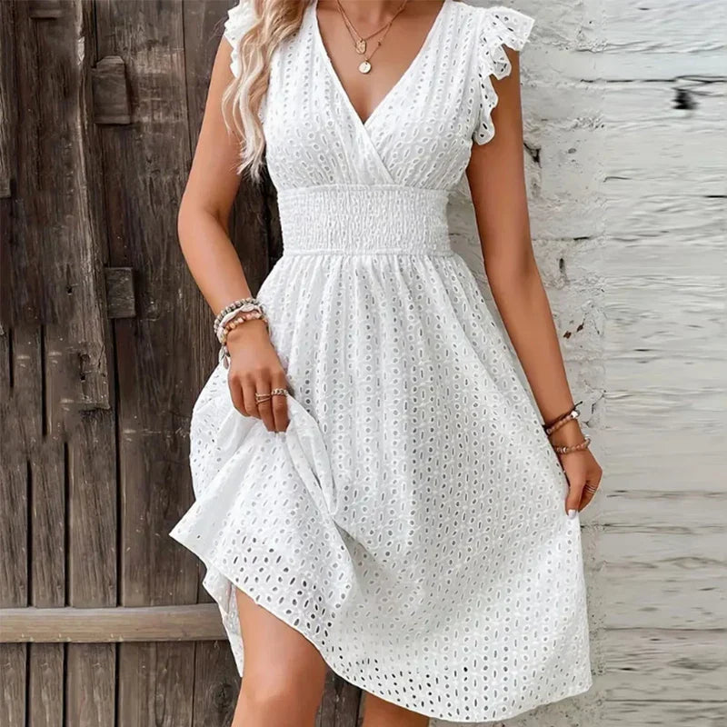 Embroidered A-Line Ruched Ruffle Knee-Length Dress with V-Neck and Cap Sleeves