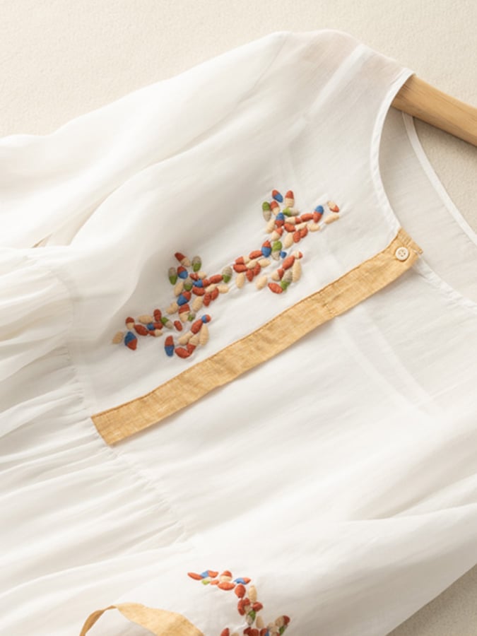 Embroidered Dress with Round Neck