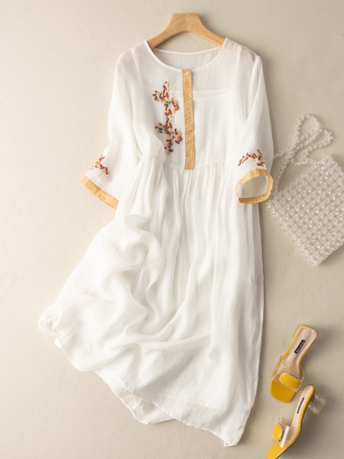 Embroidered Dress with Round Neck