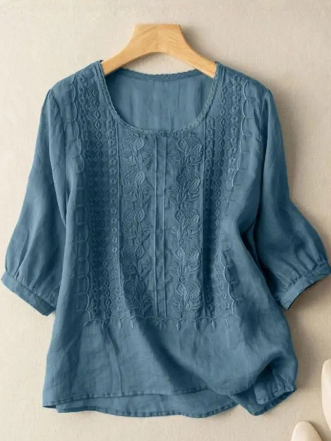 Embroidered Ruched Blouse with Round Neck and Three-Quarter Sleeves