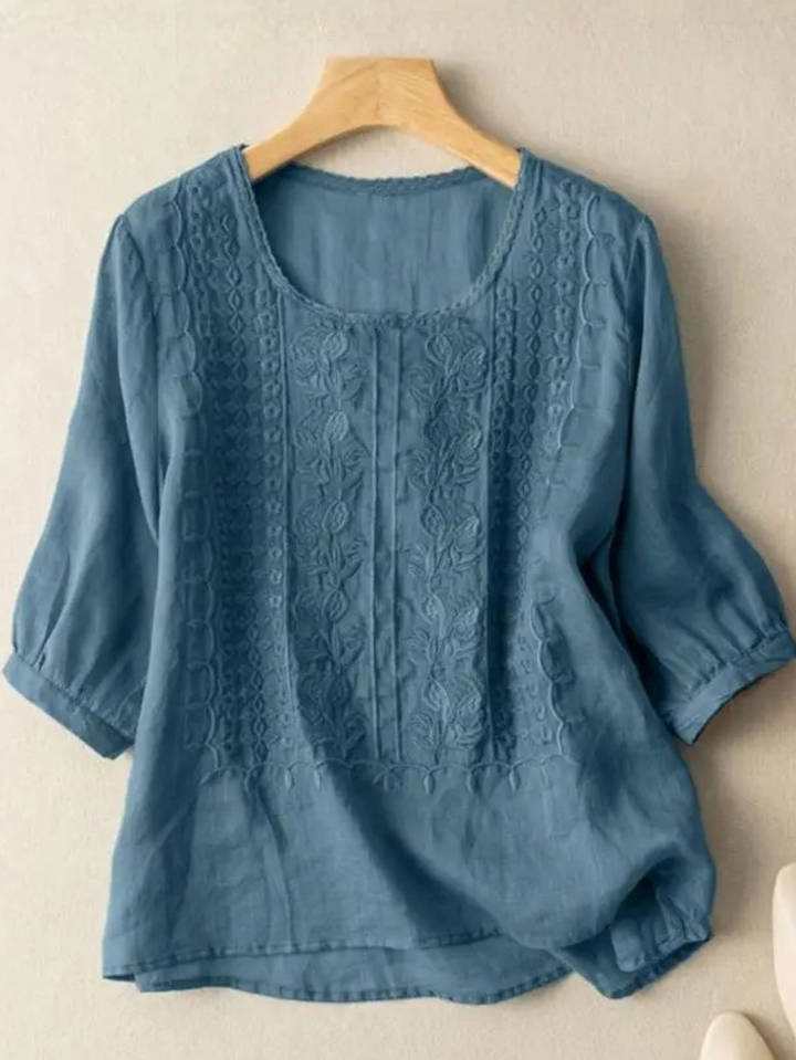 Embroidered Ruched Blouse with Round Neck and Three-Quarter Sleeves