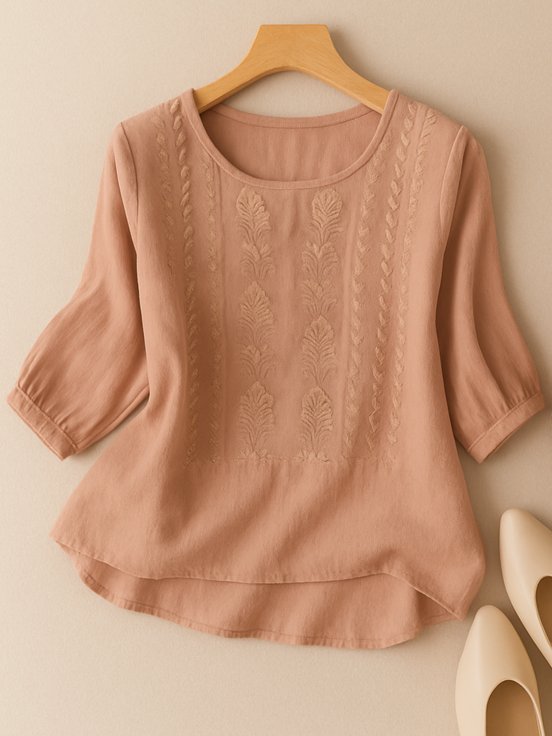 Embroidered Ruched Blouse with Round Neck and Three-Quarter Sleeves