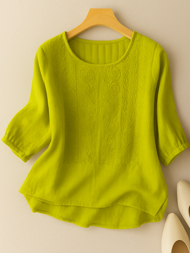 Embroidered Ruched Blouse with Round Neck and Three-Quarter Sleeves