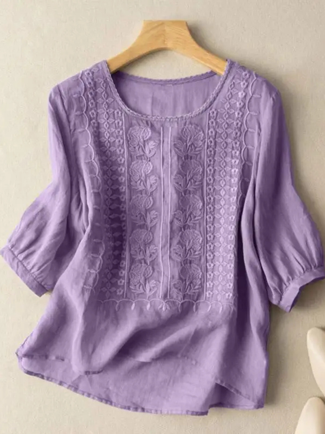 Embroidered Ruched Blouse with Round Neck and Three-Quarter Sleeves