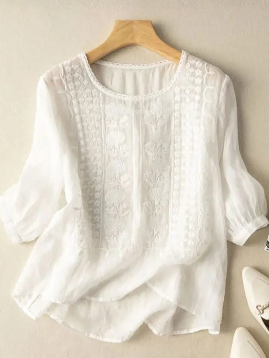 Embroidered Ruched Blouse with Round Neck and Three-Quarter Sleeves