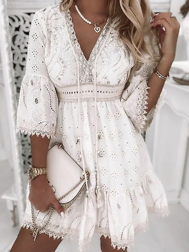 Embroidered Ruched Dress with V-Neck