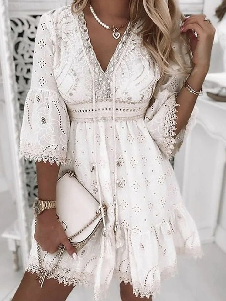Embroidered Ruched Dress with V-Neck