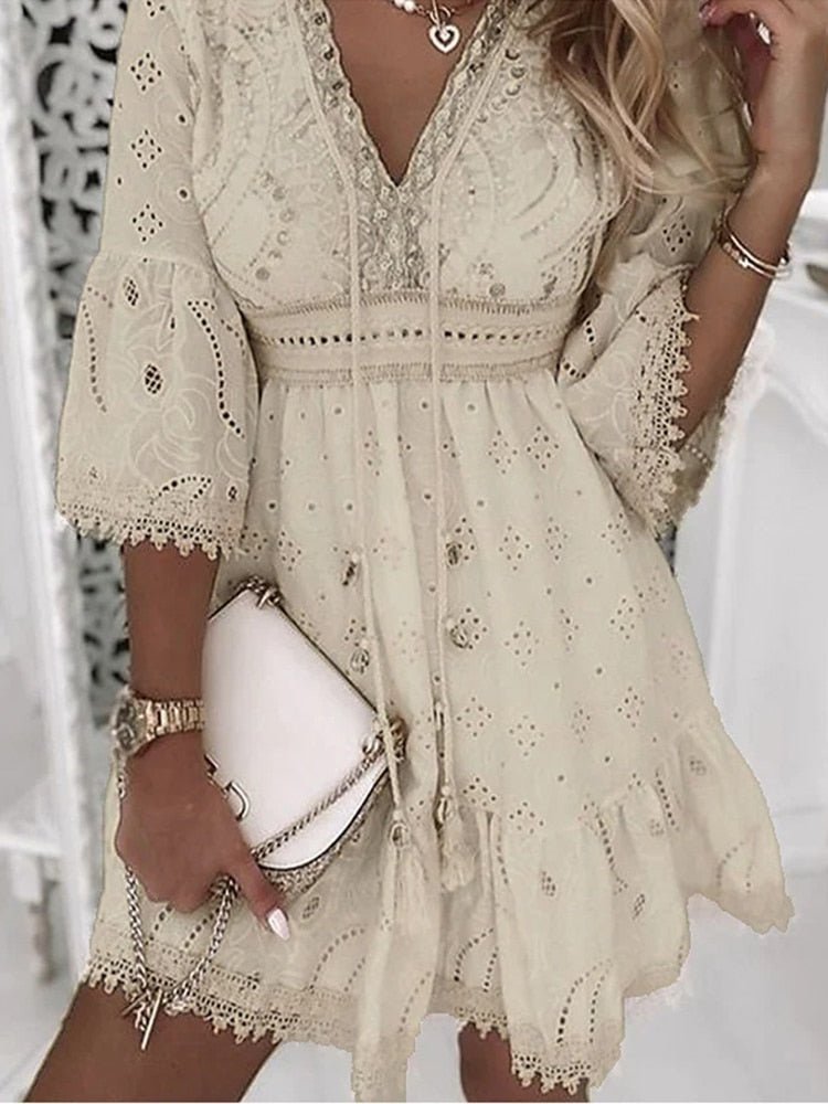 Embroidered Ruched Dress with V-Neck