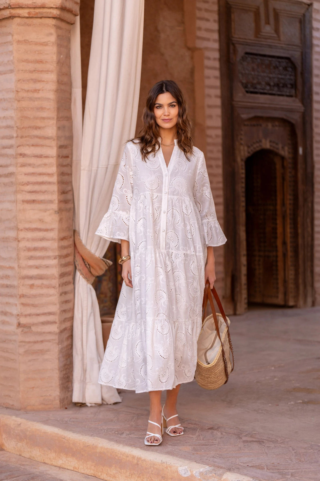 Embroidered Tiered Button-Front Maxi Dress with V-Neck and Long Sleeves