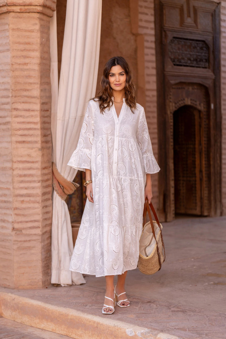 Embroidered Tiered Button-Front Maxi Dress with V-Neck and Long Sleeves