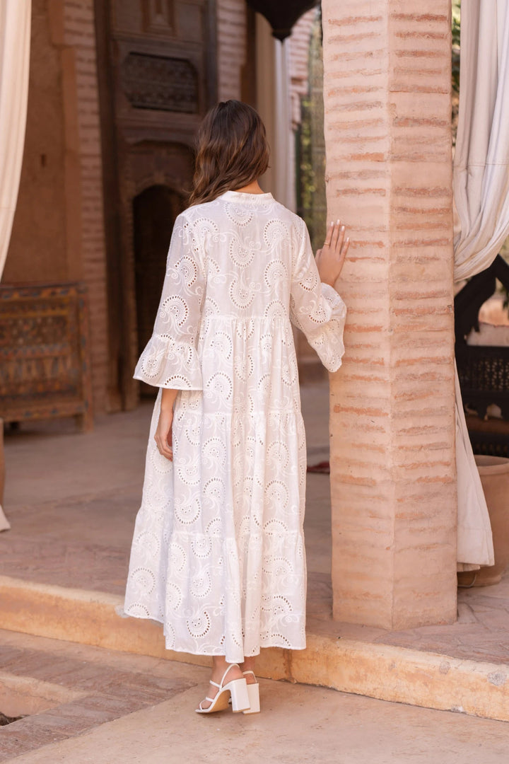 Embroidered Tiered Button-Front Maxi Dress with V-Neck and Long Sleeves