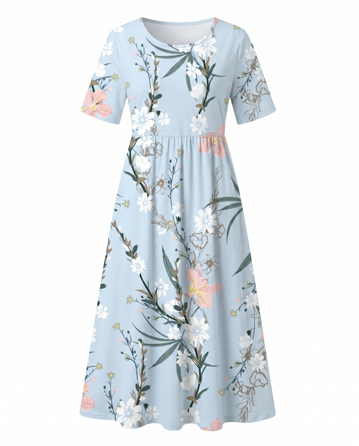 Floral A-Line Midi Dress with Round Neck and Short Sleeves