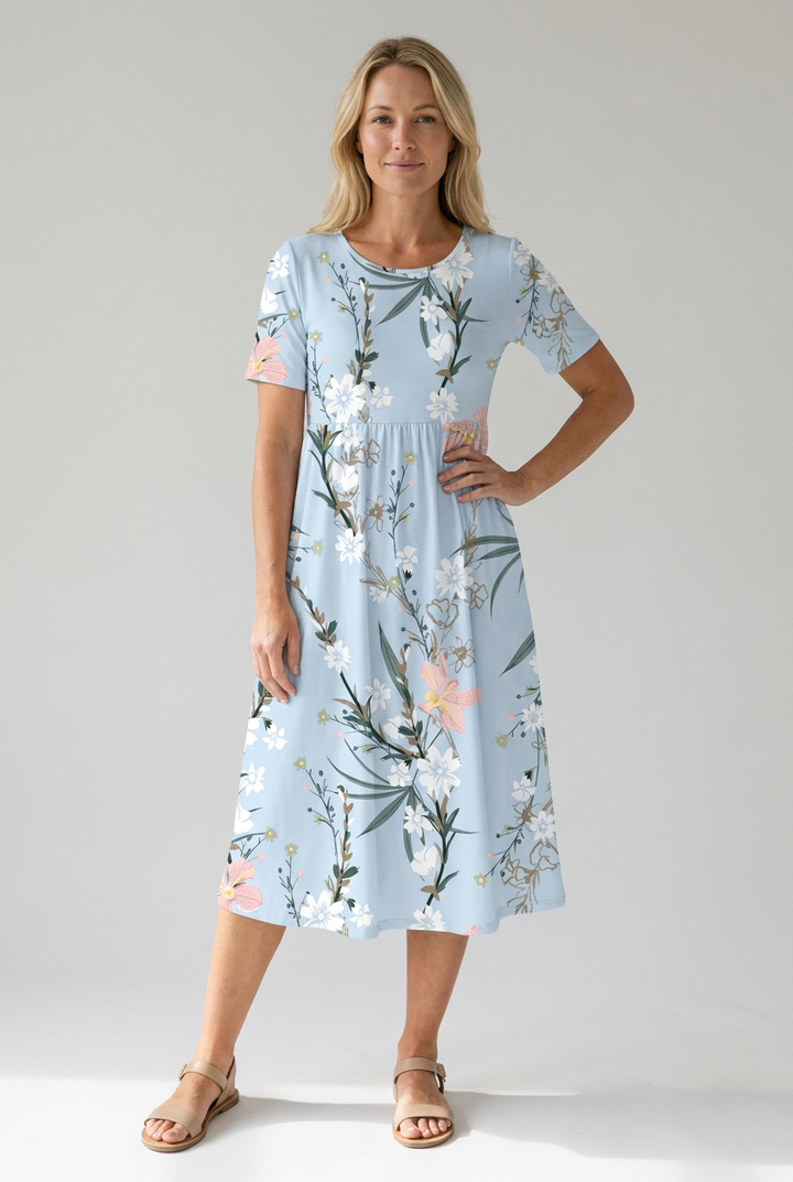 Floral A-Line Midi Dress with Round Neck and Short Sleeves