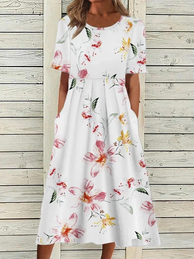 Floral A-Line Midi Dress with Round Neck and Short Sleeves