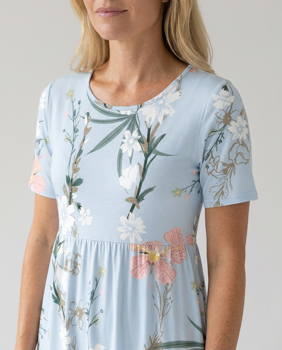 Floral A-Line Midi Dress with Round Neck and Short Sleeves