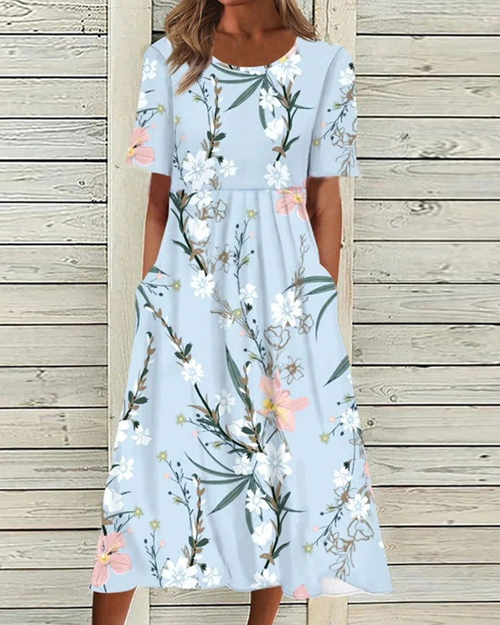Floral A-Line Midi Dress with Round Neck and Short Sleeves