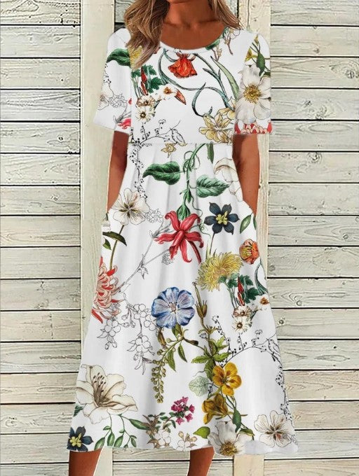 Floral A-Line Midi Dress with Round Neck and Short Sleeves
