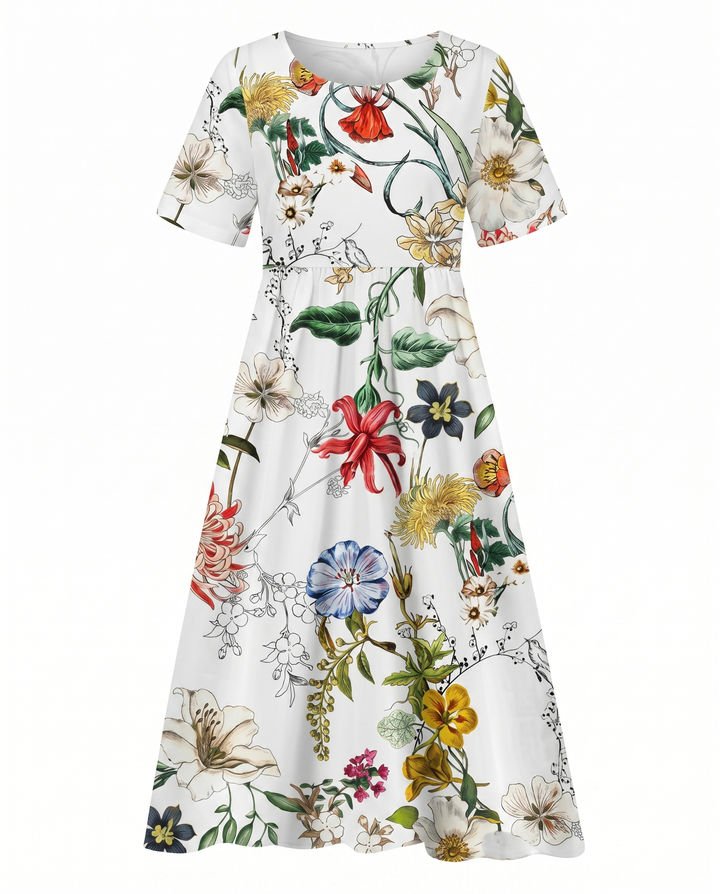 Floral A-Line Midi Dress with Round Neck and Short Sleeves