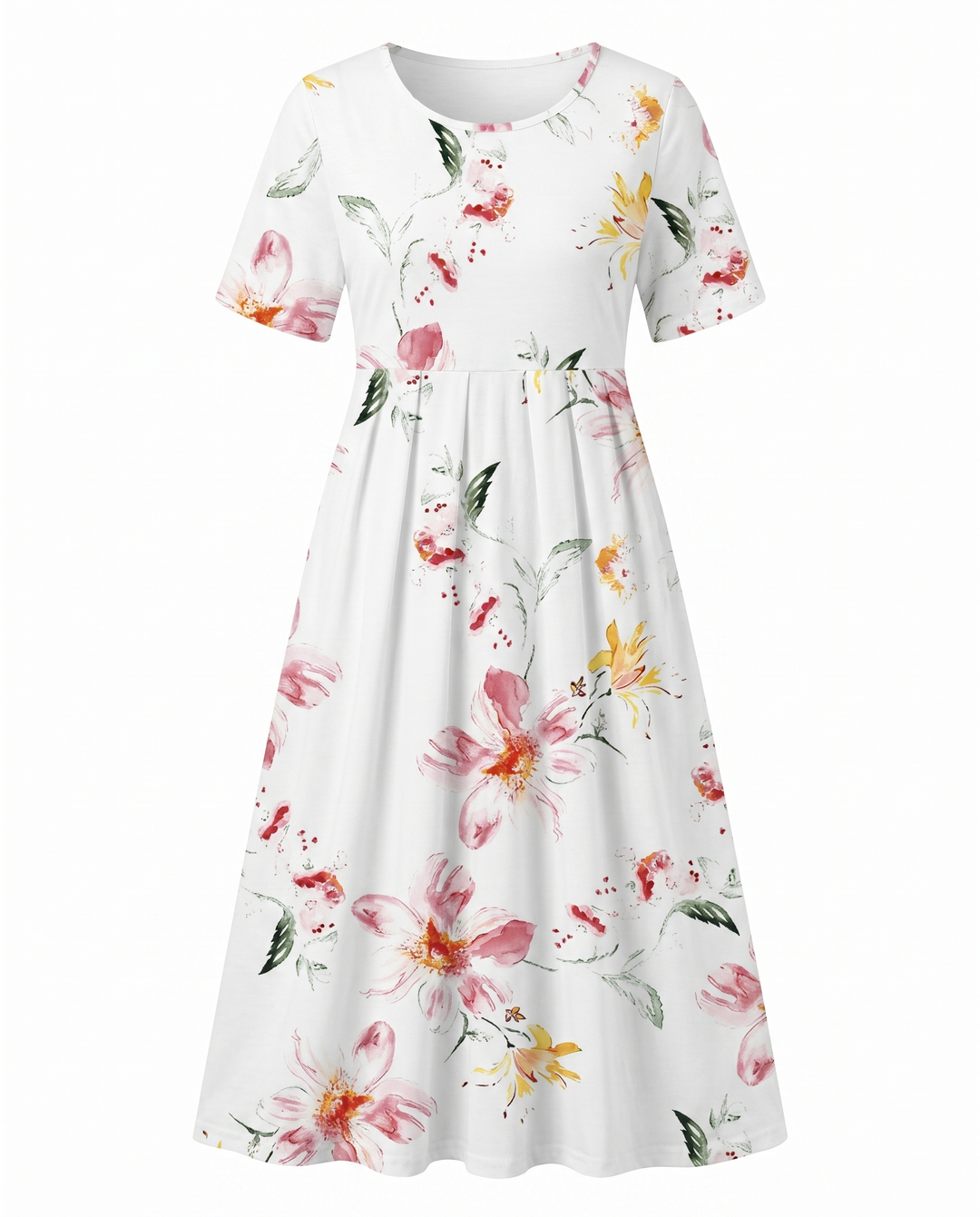 Floral A-Line Midi Dress with Round Neck and Short Sleeves