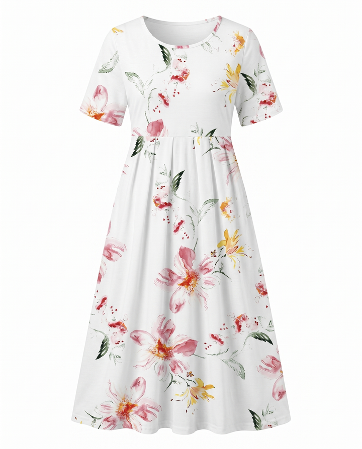 Floral A-Line Midi Dress with Round Neck and Short Sleeves