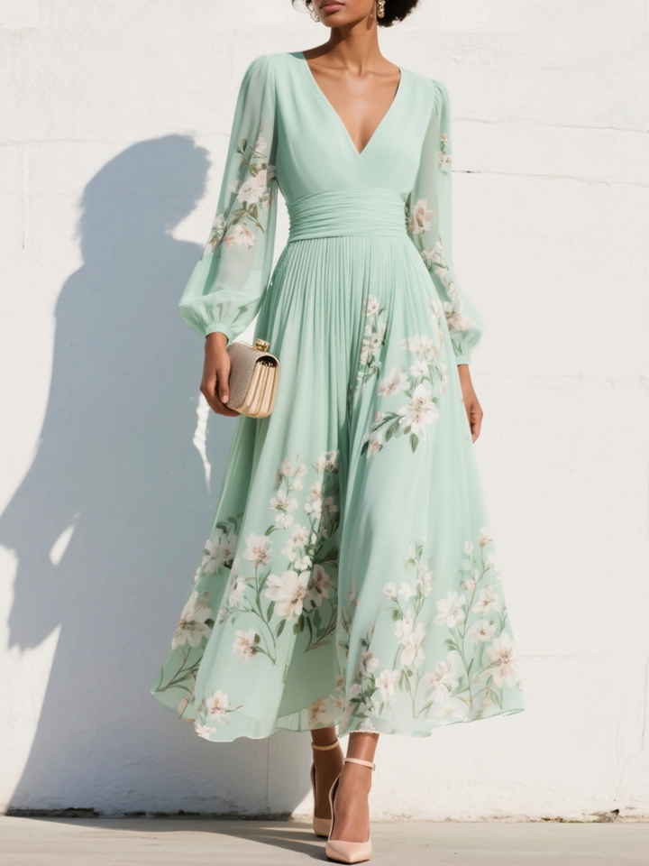 Floral A-Line Ruched Midi Dress with V-Neck
