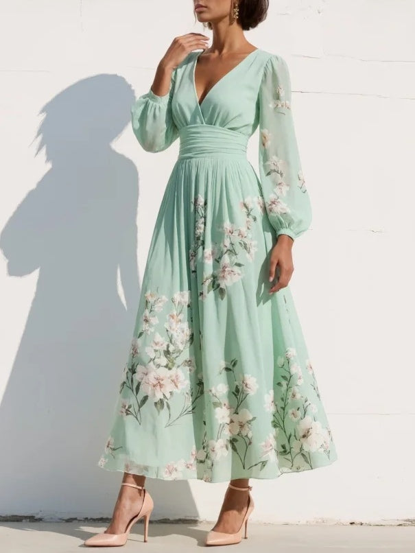 Floral A-Line Ruched Midi Dress with V-Neck