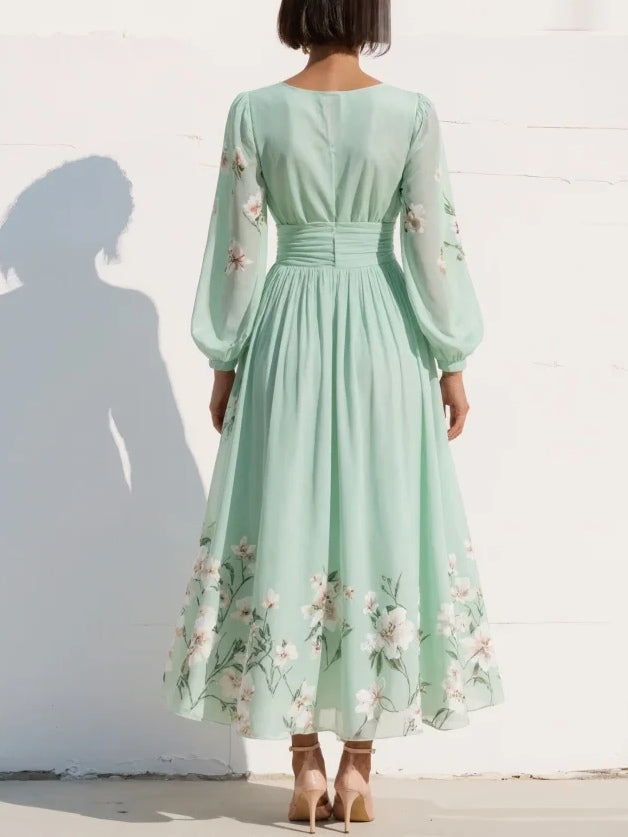 Floral A-Line Ruched Midi Dress with V-Neck