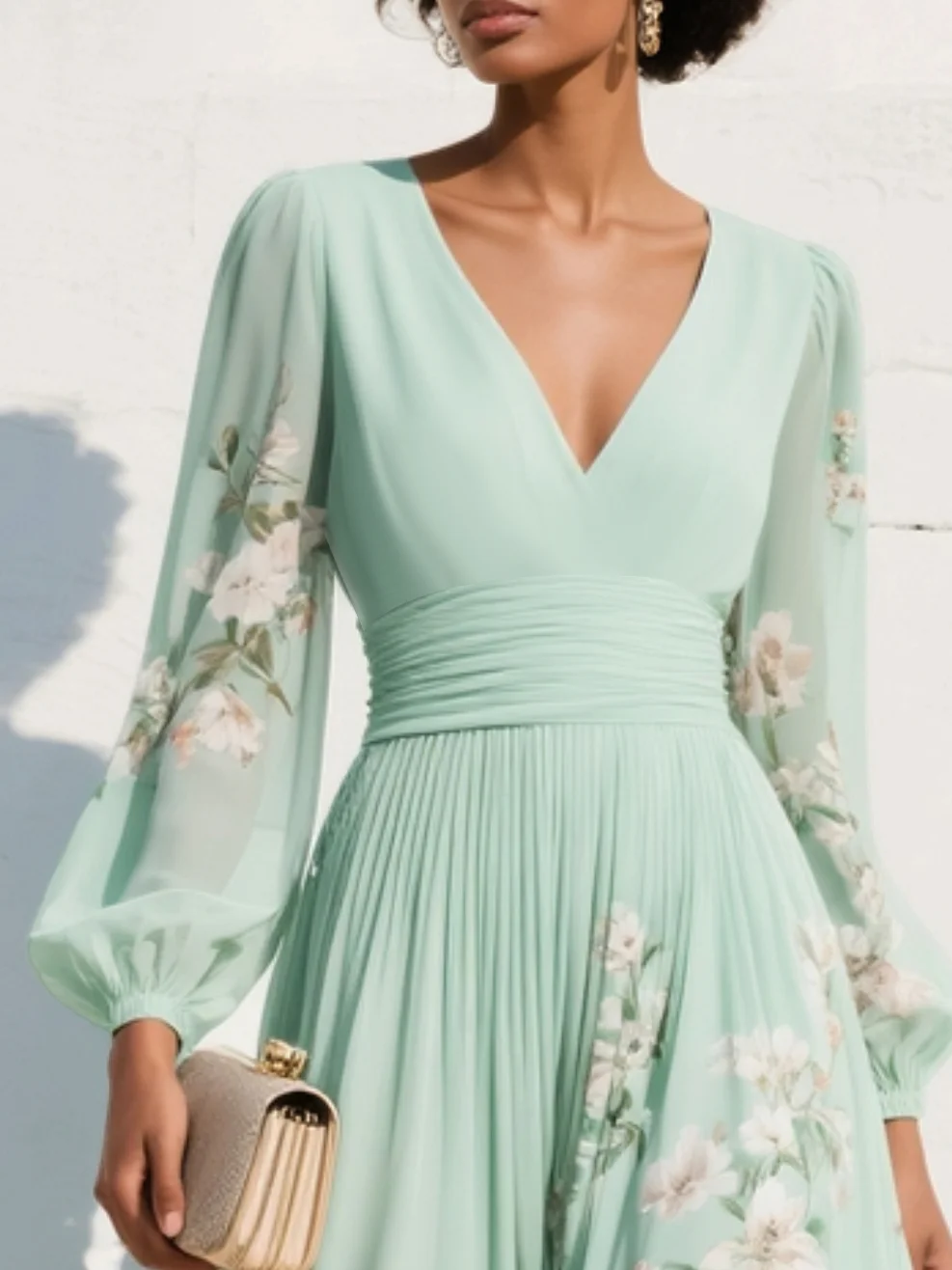 Floral A-Line Ruched Midi Dress with V-Neck