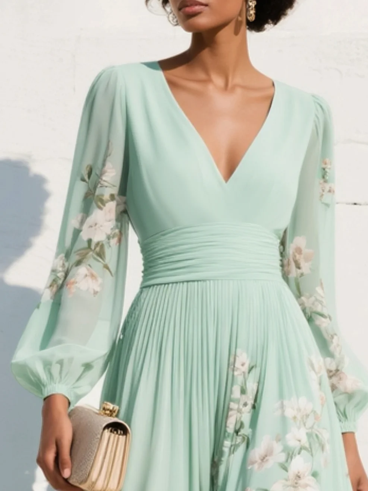 Floral A-Line Ruched Midi Dress with V-Neck