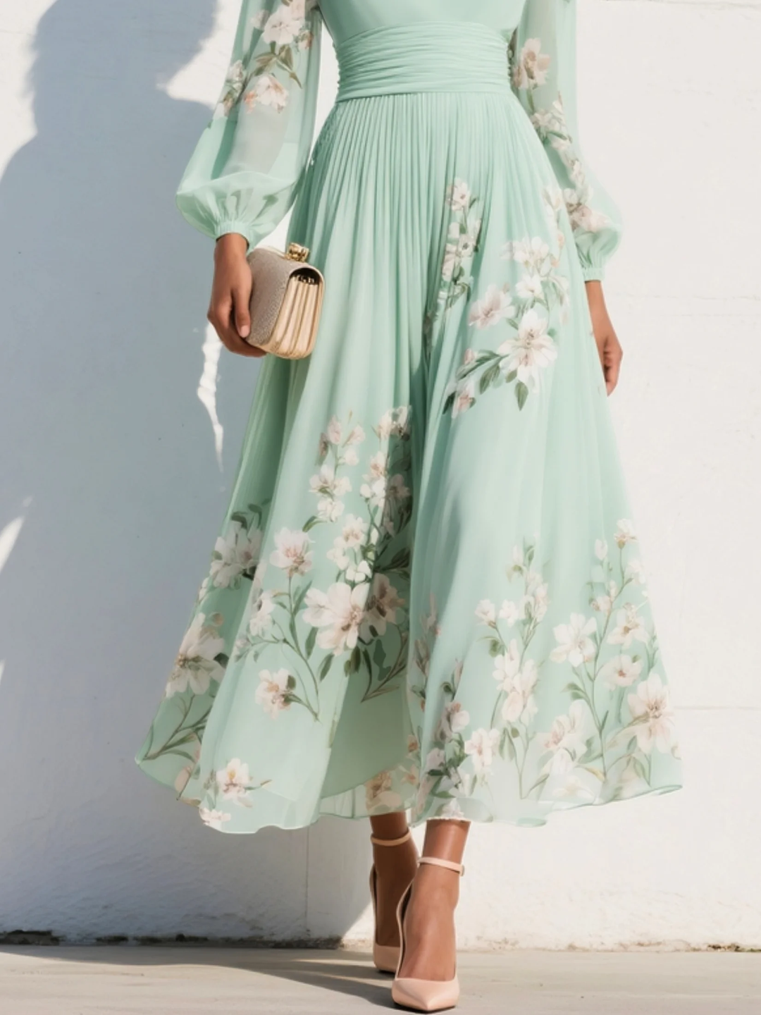 Floral A-Line Ruched Midi Dress with V-Neck