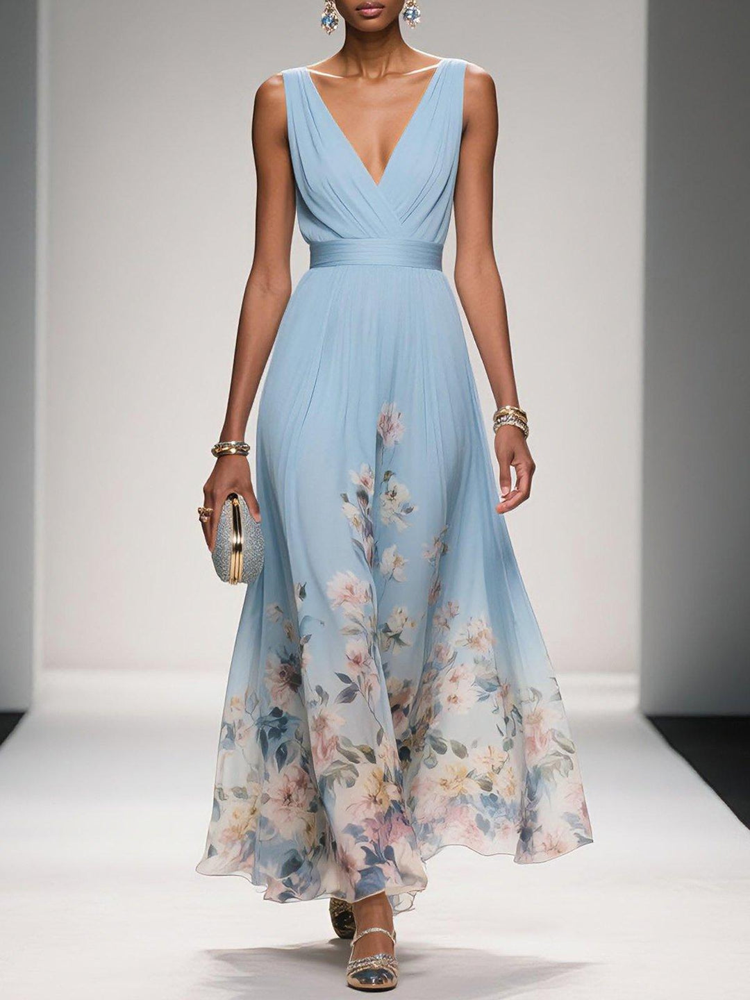 Floral A-Line Wedding Guest Dress with V-Neck
