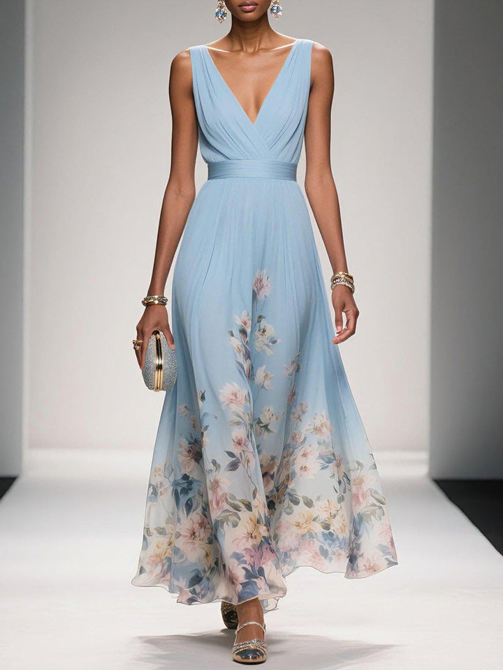 Floral A-Line Wedding Guest Dress with V-Neck