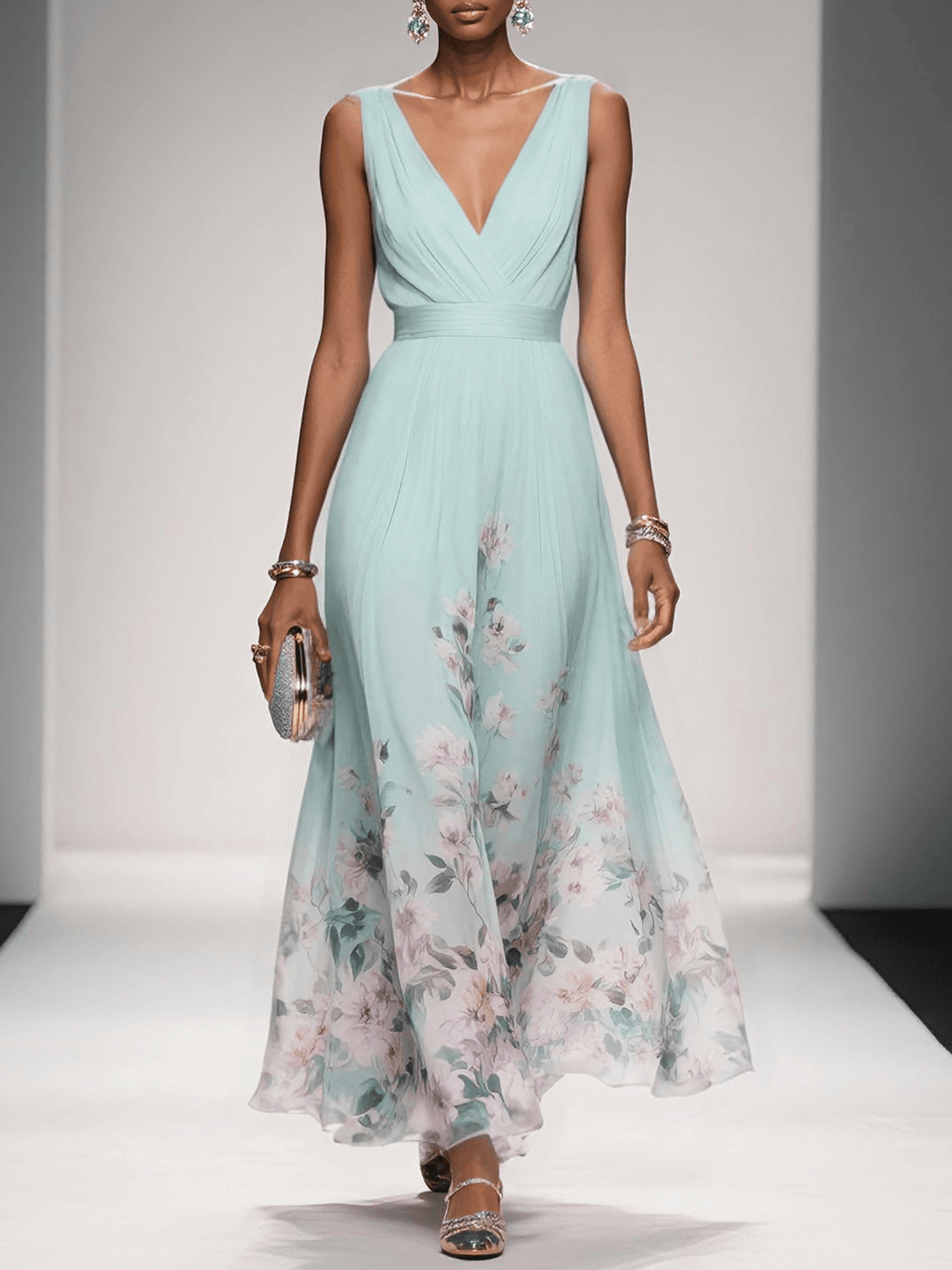 Floral A-Line Wedding Guest Dress with V-Neck