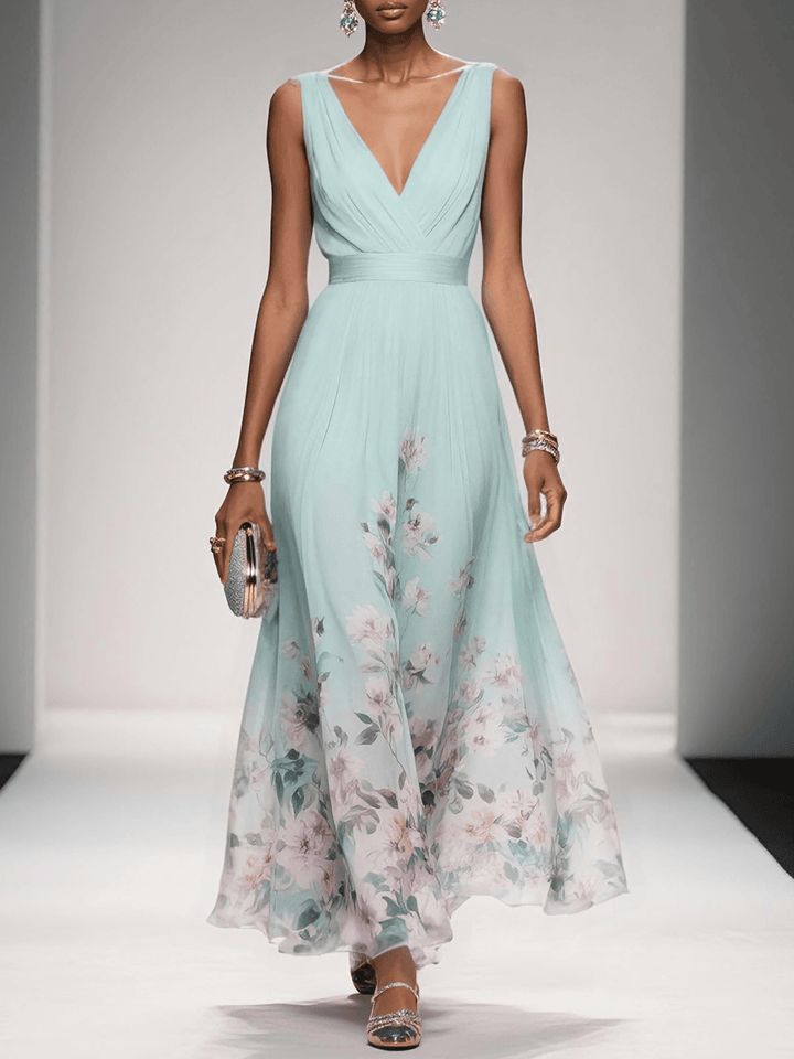 Floral A-Line Wedding Guest Dress with V-Neck