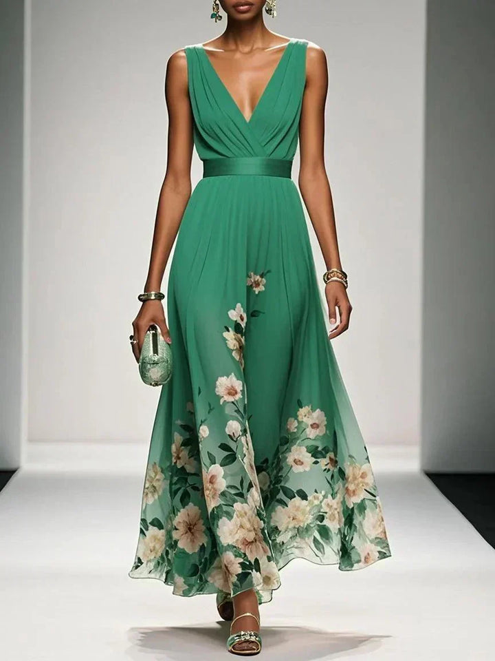 Floral A-Line Wedding Guest Dress with V-Neck