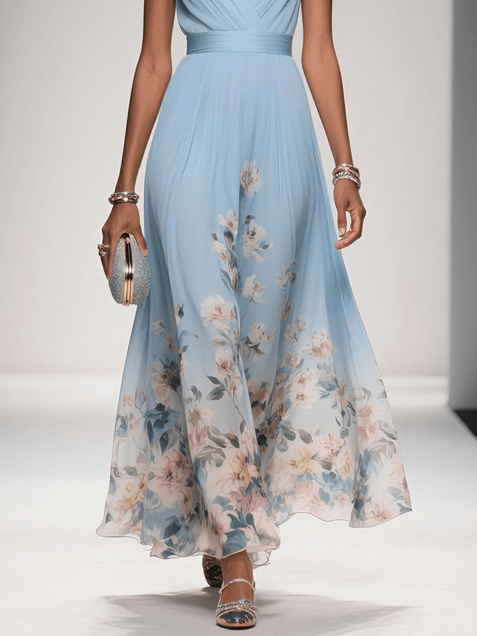 Floral A-Line Wedding Guest Dress with V-Neck