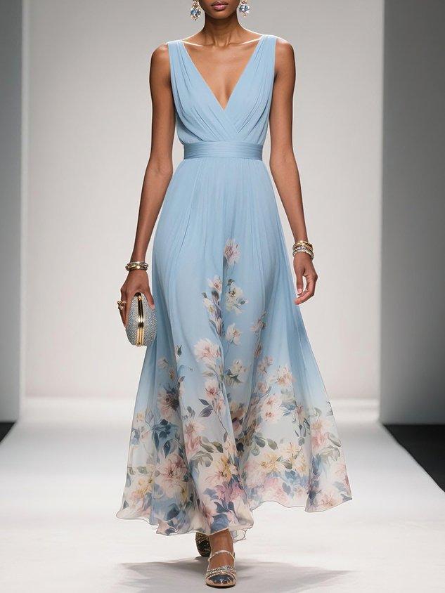 Floral A-Line Wedding Guest Dress with V-Neck