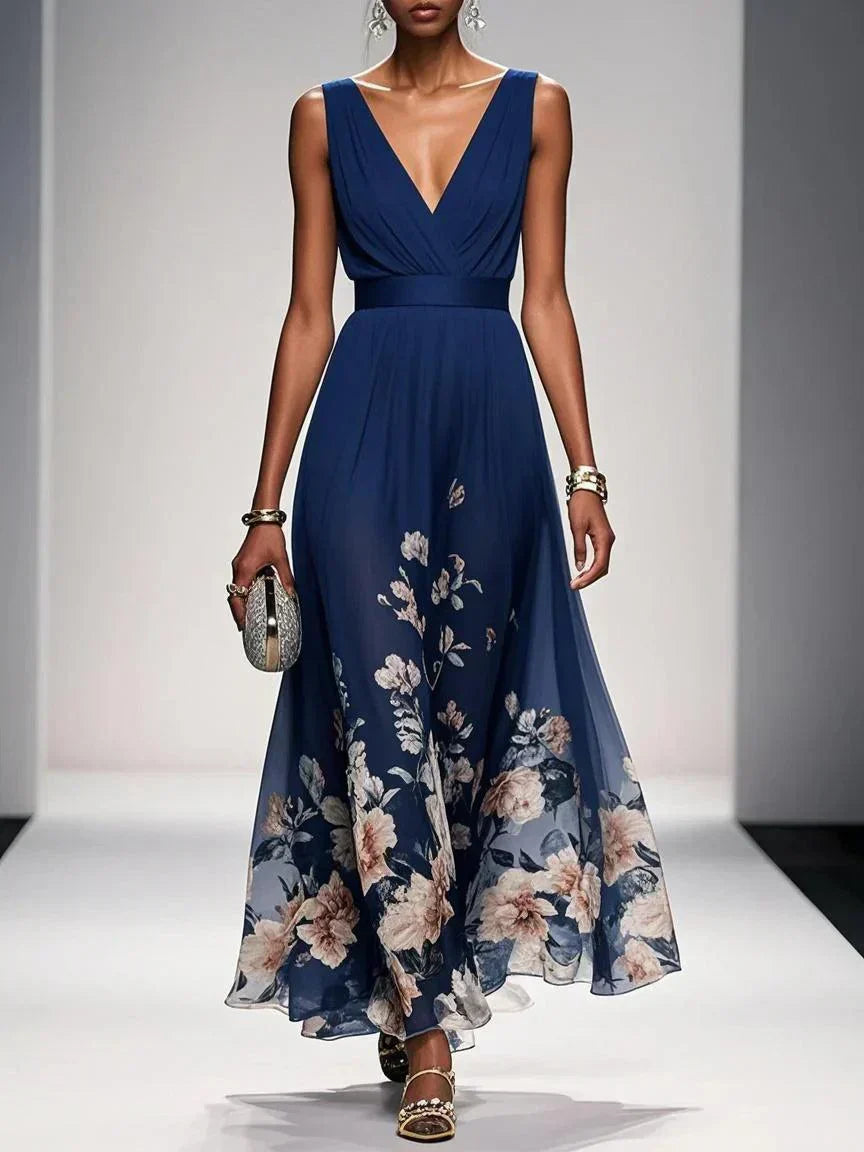 Floral A-Line Wedding Guest Dress with V-Neck
