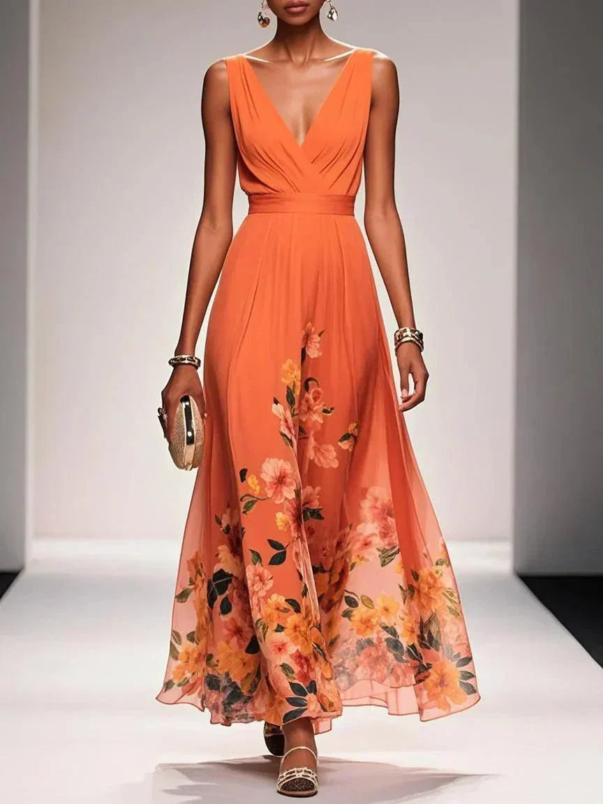 Floral A-Line Wedding Guest Dress with V-Neck