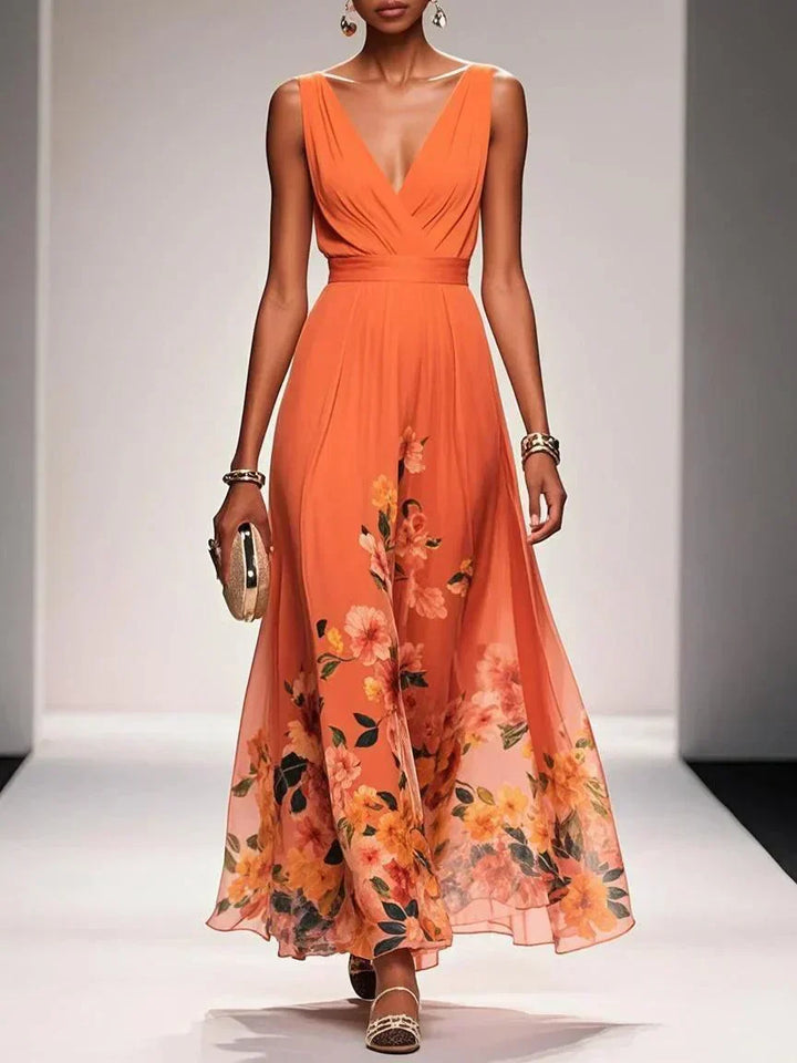 Floral A-Line Wedding Guest Dress with V-Neck