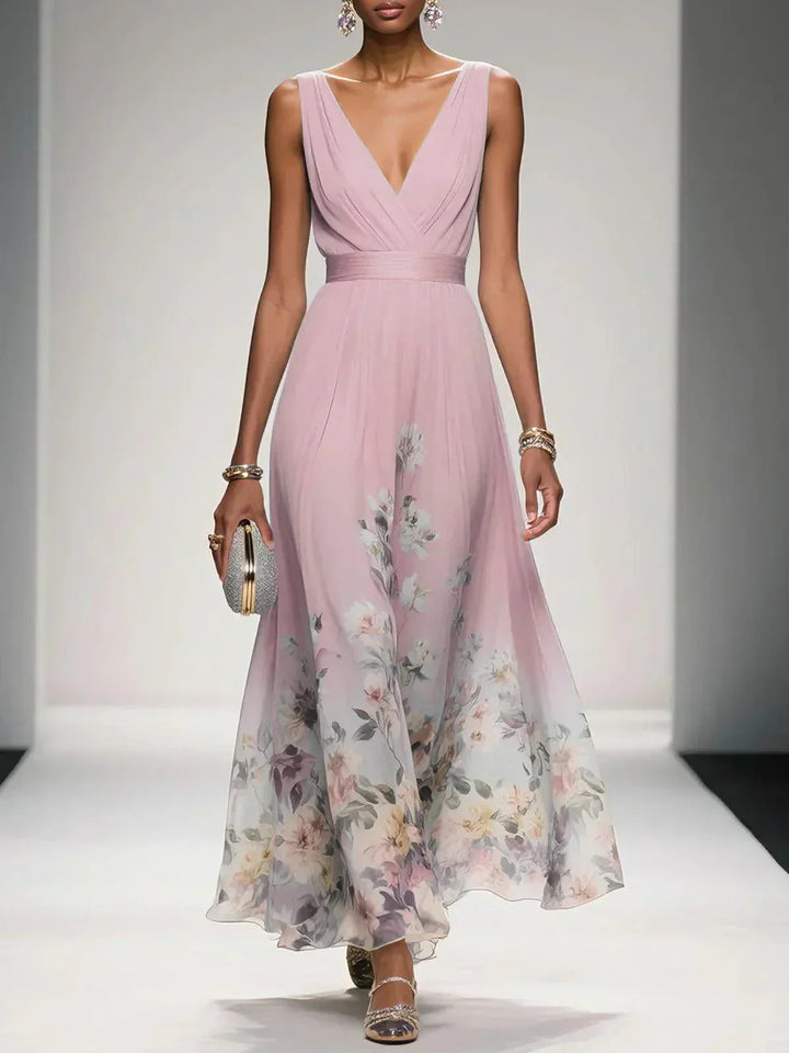 Floral A-Line Wedding Guest Dress with V-Neck
