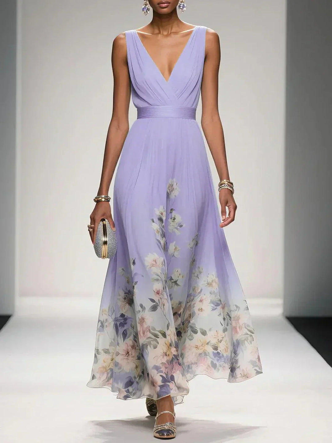 Floral A-Line Wedding Guest Dress with V-Neck