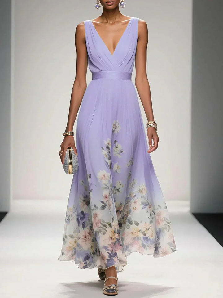 Floral A-Line Wedding Guest Dress with V-Neck