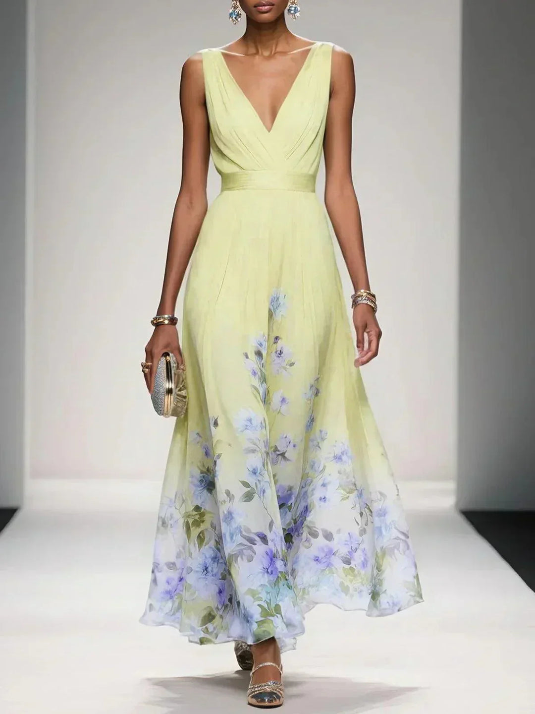 Floral A-Line Wedding Guest Dress with V-Neck