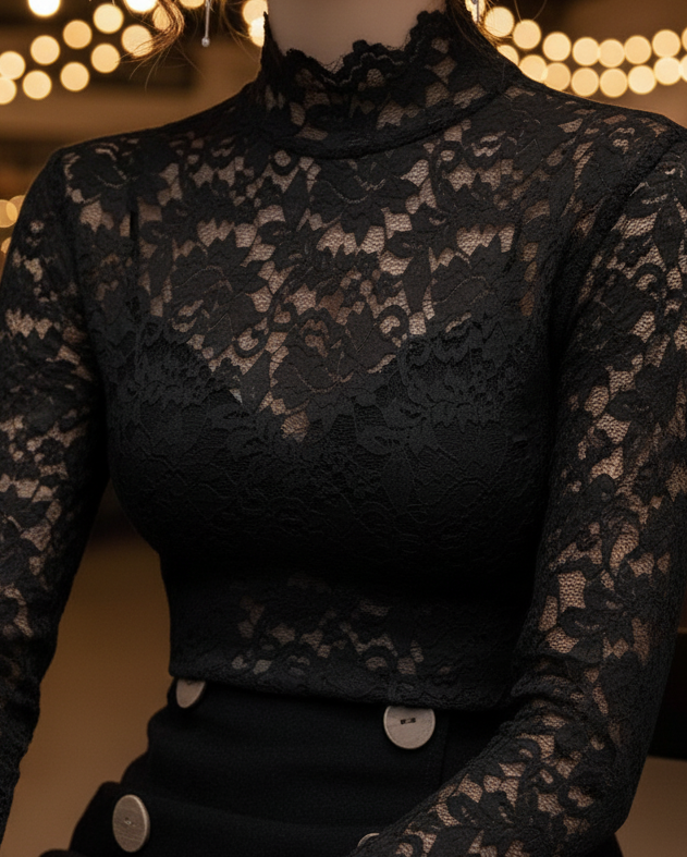 Floral Blouse with High Neckline and Long Sleeves