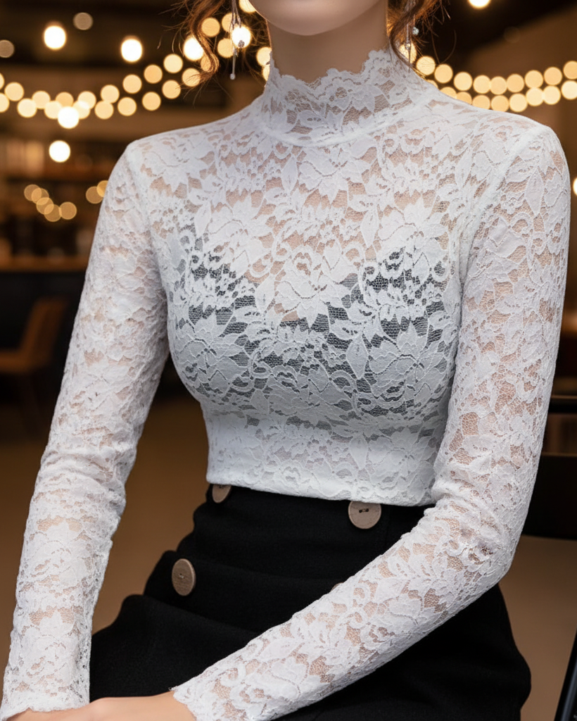 Floral Blouse with High Neckline and Long Sleeves