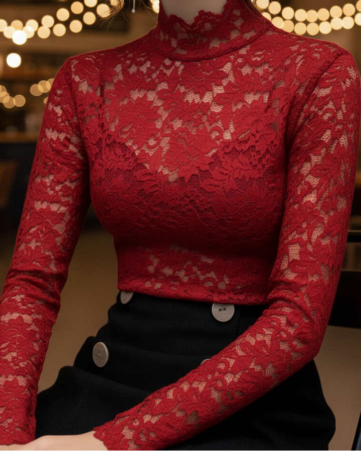 Floral Blouse with High Neckline and Long Sleeves