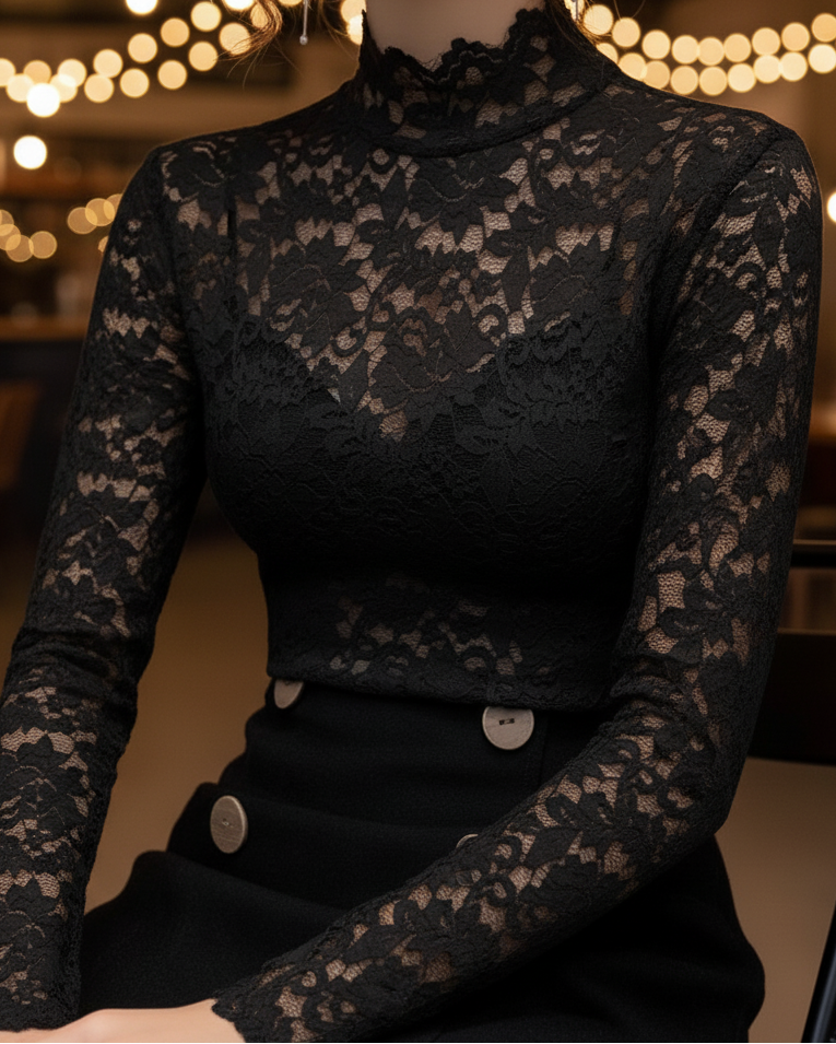Floral Blouse with High Neckline and Long Sleeves