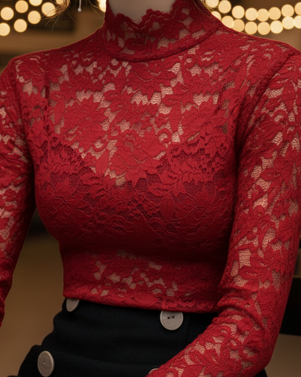 Floral Blouse with High Neckline and Long Sleeves