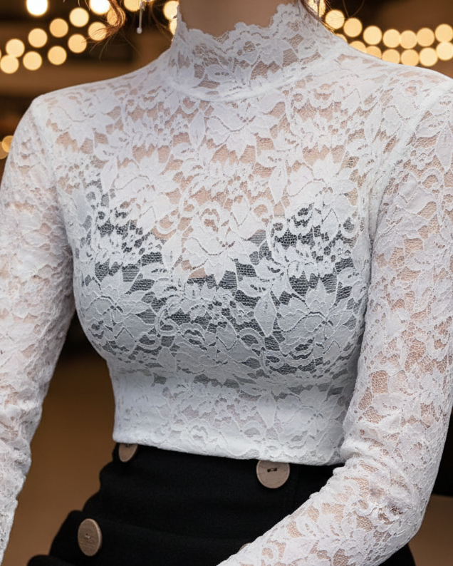 Floral Blouse with High Neckline and Long Sleeves